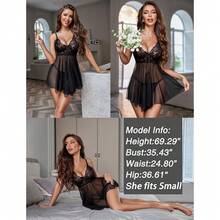 Women Lingerie Lace Babydoll Mesh Nightgown Chemise Boudoir Nighty Sleepwear - 1-黑色 - 查看 6