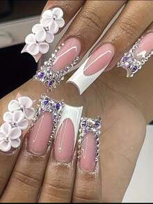 10片/套 超长矩形法式雕花水晶水钻全覆盖可重复使用美甲贴纸，4种尺寸可选，适合女孩/女士、演员、舞台表演、节日、派对、婚礼、日常佩戴。美甲用品 手工按压式美甲贴片 - 彩色 - 查看 5