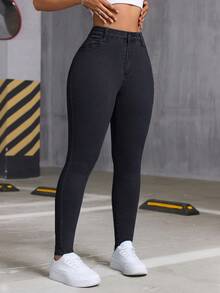Blugi din denim spălat, slim fit, elastici, pentru femei, versatili pentru toate anotimpurile, stil elegant la modă, potriviți pentru ținute casual de zi cu zi, vacanță și Y2K - Negru - 1 - Vizualizare 5