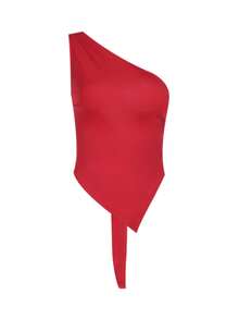 WOWDARK Women Casual Asymmetrical Neck Backless Top, Autumn - Red - View 2