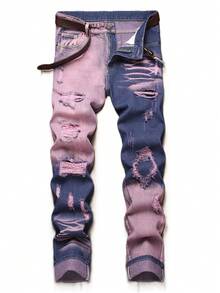 Men's Ripped Jeans Regular Fit Distressed Slim Straight Leg Stacked Biker Fashion Comfort Denim Pants - Light Purple/dark Blue - View 1