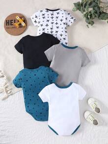 DILAVEL 5PCS Navy Element Pattern Round Neck Short Sleeved Full Print Bodysuit For Boys, Girls, And Babies, Triangle Style Summer, Autumn, Outdoor Fashion Outfit - Blue - View 3