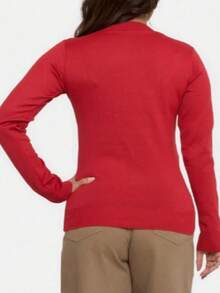 Cold Weather Knitted Sweater Top V Neck Plain Basic Long Sleeve Winter Women Simple Knitwear Knitted Daily Autumn Long Sleeve - 紅色 - 查看 3