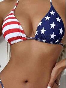 American Flag Print Bikini Top, Halter Neck Tie Bra, Red White Blue Color, Suitable For 4th Of July Holiday Wear - Multicolor - View 2