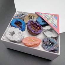 9pcs Natural Crystal Stone Healing Energy Quartz Geode Agate Cluster Raw Stone Set, Electroplated Agate Geode Colorful Asymmetric Cavity Rock Loose Specimen Mineral Education Display Gift For Friends - Multicolor - View 12