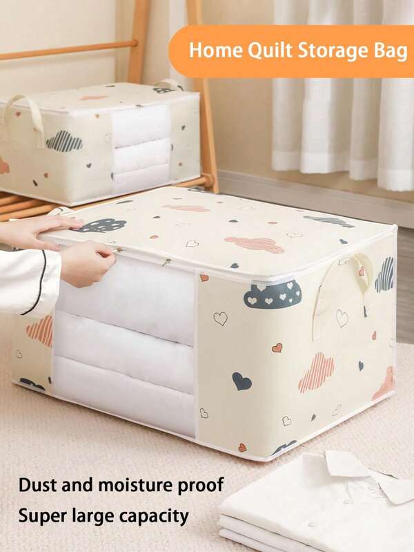 1 Pc Large Capacity Clothes Storage Bag Organizer With Reinforced Handle, Suitable For Blankets, Bedding, Foldable With Sturdy Zipper, Clear Window