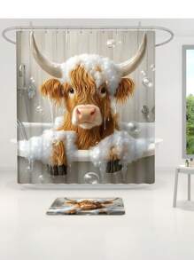 1pc/4pcs Funny Highland Cow Shower Curtain Set, Adorable Yellow Calf Bathing In Tub, Bathroom Set With 12 Hooks, Non-Slip Rugs, Toilet Lid Cover, U-Shaped Mat, Machine Washable, Complete Bathroom Accessories Decor Set Back To School
