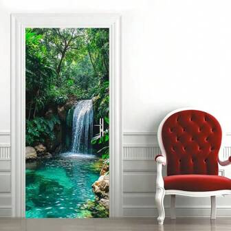1 Set/2 Pieces Vibrant Waterfall & Forest Door Mural Sticker - Self-Adhesive, Removable Wall Decal Sticker, Suitable For Modern Home Decor