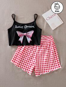 Sweet Girl's 2-Piece Pajama Set With Pink Bow Top And Pink Gingham Shorts, Elegant & Cute Design For Vacation, Casual Daily Wear And Lounging At Home, Summer, Soft Fabric