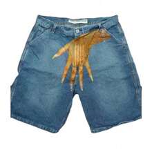 Hip Hop Funny One Hand Pattern Printed Denim Shorts Men's High Street Fashion Casual - D31 Light Blue (palm) - View 1