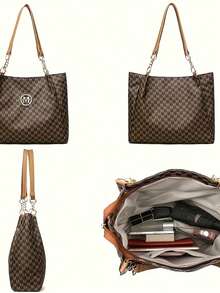 Ladies' Retro Shoulder Bag - Large-Capacity Multi-Functional Hand-Held/Crossbody Bag, M-Shaped Decorative Accessories, Adjustable Chain Strap & Zipper Closure, Machine Washable - Mother's Day Gift (Dark Brown/White/Black), Travel Tote Bag, Checkered Design, Gold Accents - 白色 - 查看 2