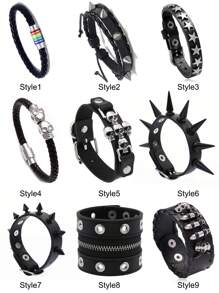 Halloween Black Skull PU Leather Braided Bracelet, Fashionable Punk Wristband, Unisex