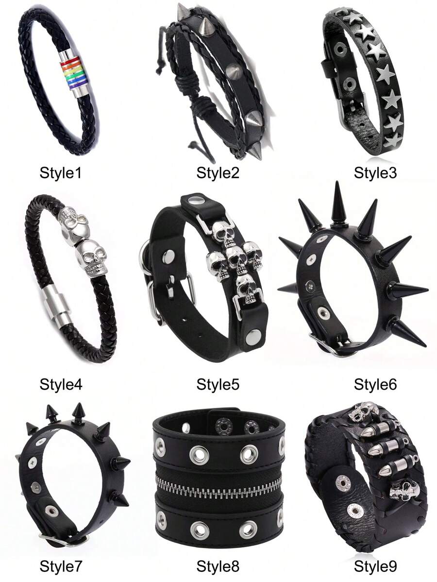 Halloween Black Skull PU Leather Braided Bracelet, Fashionable Punk Wristband, Unisex