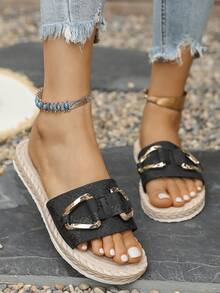 女士夏季凉鞋、绳底拖鞋、金属扣装饰拖鞋、度假风人字拖、舒适易穿、厚底沙滩凉鞋、夏季拖鞋、印花人字拖、女士拖鞋