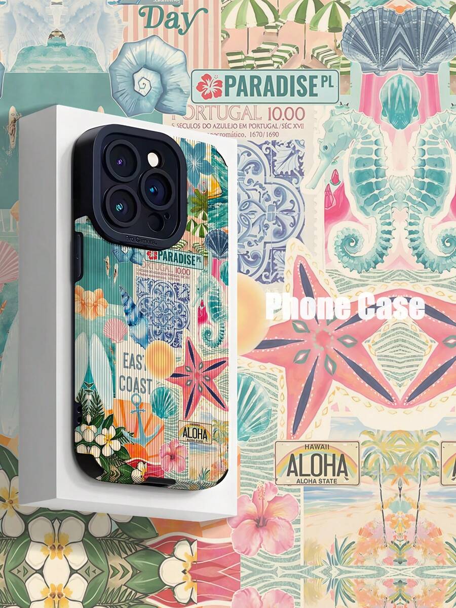 1pc Vacation Style Seashell & Slogan Print Textured Anti-Fall Anti-Fingerprint Shock-Proof Phone Case Compatible With Apple And Models - Multicolor - View 1