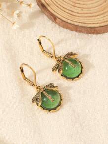 1 Pair Retro Dragonfly & Moonstone Pendant Earrings, Versatile Daily Wear Jewelry Gift For Women