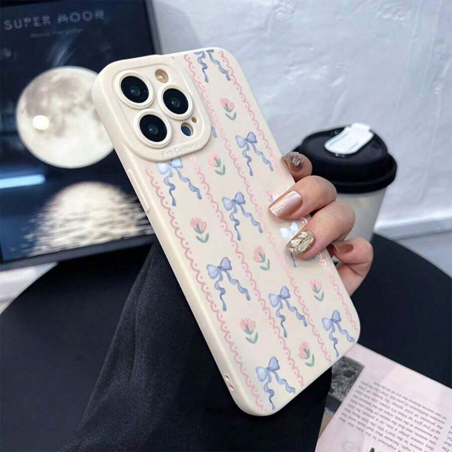 Funda elegante y llamativa con lazo azul. Diseño único y sofisticado. Compatible con muchos modelos de phone: 11/12/13/14/15/16 Pro Max Plus, Galaxy S22/S23/S24 FE, S24 Plus/S25 Ultra/Edge. - Blanco - Ver 1