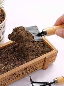 3 件迷你园艺工具套装，带木柄的家用园艺铲 - 耐用的金属铲子、铲子和叉子 - 非常适合园艺和盆栽、土壤耕作 | 乡村园艺工具 | 木柄工具 - 彩色 - 查看 5