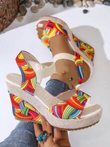 Giày sandal đế xuồng đế xuồng Châu Âu mới 2024 dành cho nữ, dép đi ngoài trời quai đa năng, dép đi biển họa tiết hoa gợi cảm, giày hở mũi thoải mái, dép sandal nữ đế xuồng cao gót họa tiết hoa màu xanh lá cây - trái cam - Xem 5
