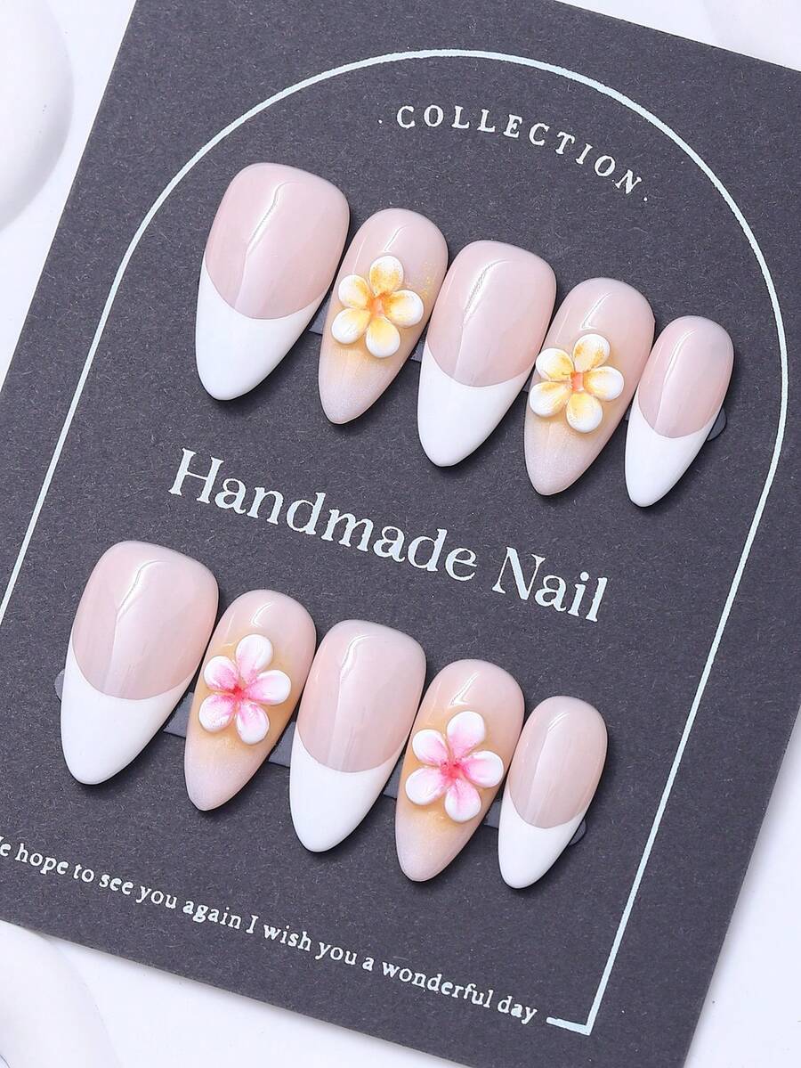 10Pcs Set European And American Style Extra Long Pointed Nail Art - Hand Painted French Style, 3D Embossed Design, Handmade Luxury Nails, Y2K Chic, Suitable For Women And Girls Press On Nails Nail Supplies Nails - Multicolor - View 1