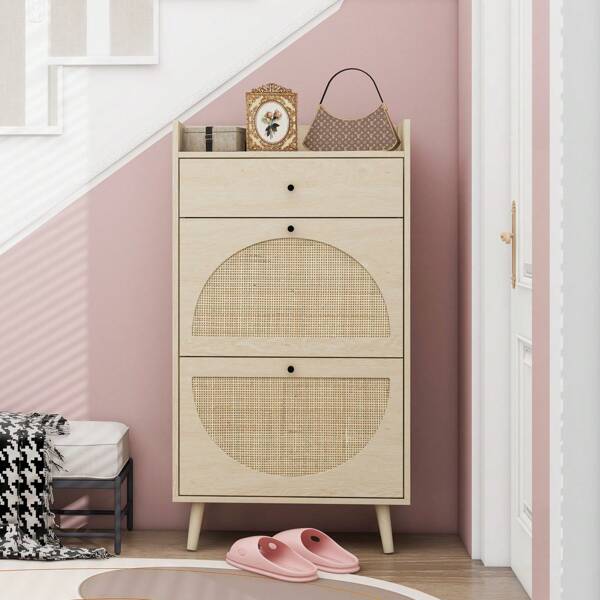 Meuble à Chaussures en rotin avec 2 Portes abattantes et 1 tiroir, étagère réglable, pour entrée, Salon et Chambre, 60x24x110cm