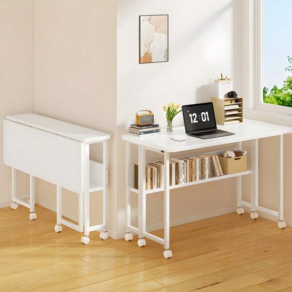 Folding Desk, Bedroom Table, Computer Desk, Width 100/80 X Depth 58 X Height 75 Cm, Space-Saving, Multi-Functional, Stylish, Study Desk, Compact, Easy Assembly, With Bottom Shelf, Office, Conference Room, Working From Home