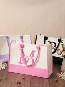 个性化定制姓名帆布沙滩手提包 首字母手提包 伴娘礼物手提包 定制沙滩包 女士礼物 A-Z-黑色/粉色/紫色