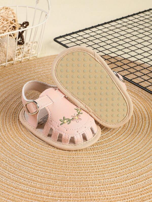 1 paire de sandales plates mode polyvalentes respirantes en PU avec broderie et boucle pour filles, convenant pour l'été
