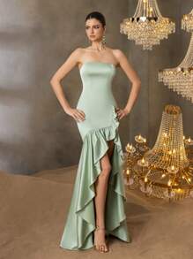 Faeriesty Women's Strapless Evening Gown With Cascading Ruffles & Asymmetrical Hem - Sleeveless Formal Dress With Body-Hugging Silhouette For Red-Carpet Galas, Black-Tie Dinners, Wedding Receptions, Charity Balls, Opera Nights