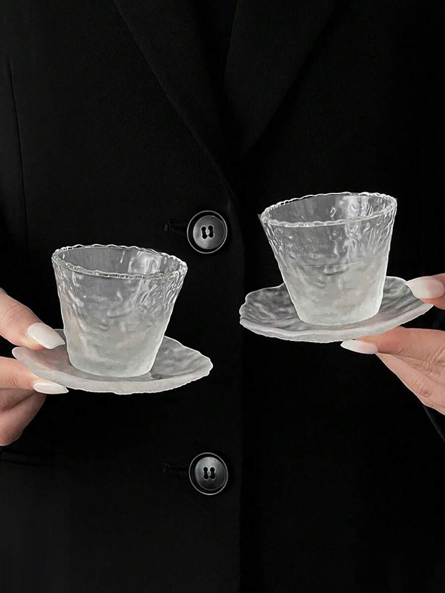 1 件优质玻璃茶杯带茶碟，日式蘑菇形饮茶杯，个人功夫茶杯，透明磨砂云朵图案杯碟 - 彩色 - 查看 1