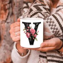 1pc Black Letter Floral A-Z Print Coffee Mug, Pink Floral, Alphabet Floral Coffee Mug For Office And Home, Alphabet Ceramic Coffee Mug, Women'S Birthday Gift, Mom, Best Friend, Bride, Bridesmaid Gift, White Tea Cup, Mother'S Day, Father'S Day Gift 11oz