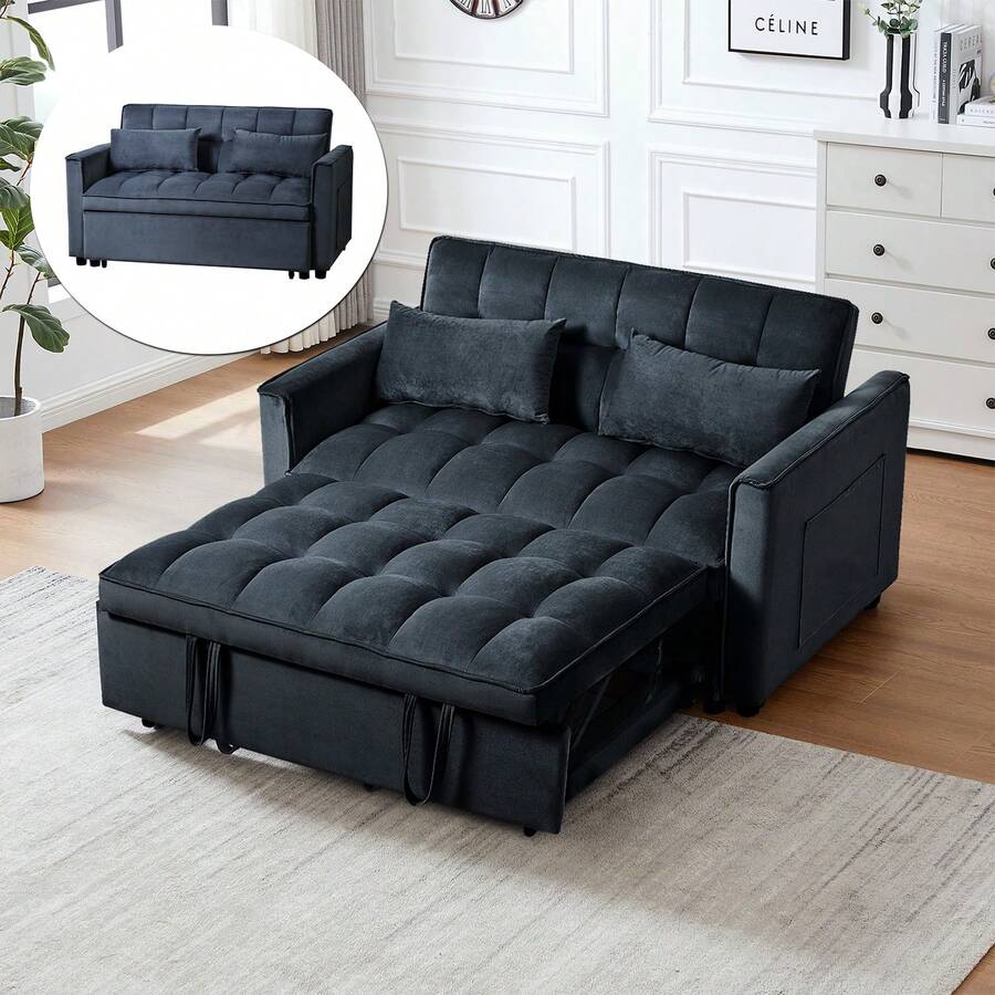 3 In 1 Convertible Sleeper Sofa Bed, Futon Couches For Living Room With Side Pocket | Adjustable Backrest| Velvet Fabric | Pull Out Couch | Love Seat Sofa| Sectional Sofa Bed| 2-Seat Sofa Bed - 黑色 - 查看 1