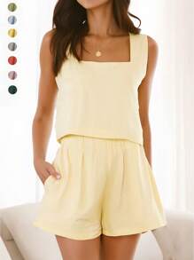 2pcs Women Summer Set, Solid Cream Color Square Neck Casual Tank Top + Elastic Waist Side Pocket Wide Leg Pants, Woven Fabric, Suitable For Home, Daily, Beach, Vacation, Casual Wear