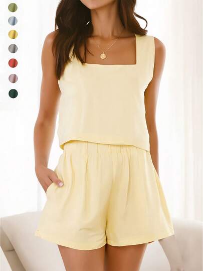 2 件套女士夏季套装，纯奶油色方领休闲背心 + 松紧腰侧袋阔腿裤，梭织面料，适合居家、日常、海滩、度假、休闲穿着