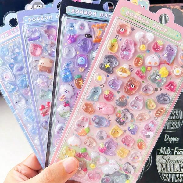 1pc/4pcs Creative Cartoon 3D Embossed Stickers - Cute Small Animals, Mobile Phone Decoration Stickers, Gem Crystal Diamond Children Decorative Stickers, 3D Embossed Cute Stickers [Randomly Assorted, Color Difference]
