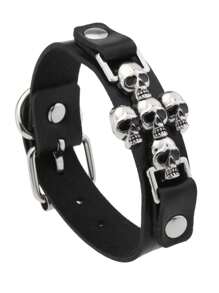 Halloween Black Skull PU Leather Braided Bracelet, Fashionable Punk Wristband, Unisex