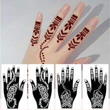 4 Peças Modelos de Estêncil de Tatuagem de Hena Floral para Mão - Preto - Visão 6