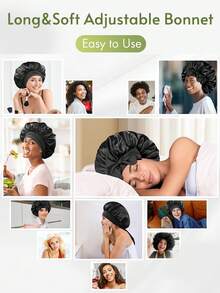 缎面丝质帽，带可调节系带 - 轻盈护发帽，整晚舒适，护发和沐浴 - 适合男女返校