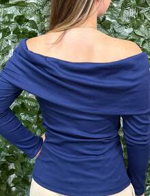 Long Sleeve  Blouse With Ribbed Shoulder To Shoulder, Autumn Winter Fashion - Navy Blue - View 1