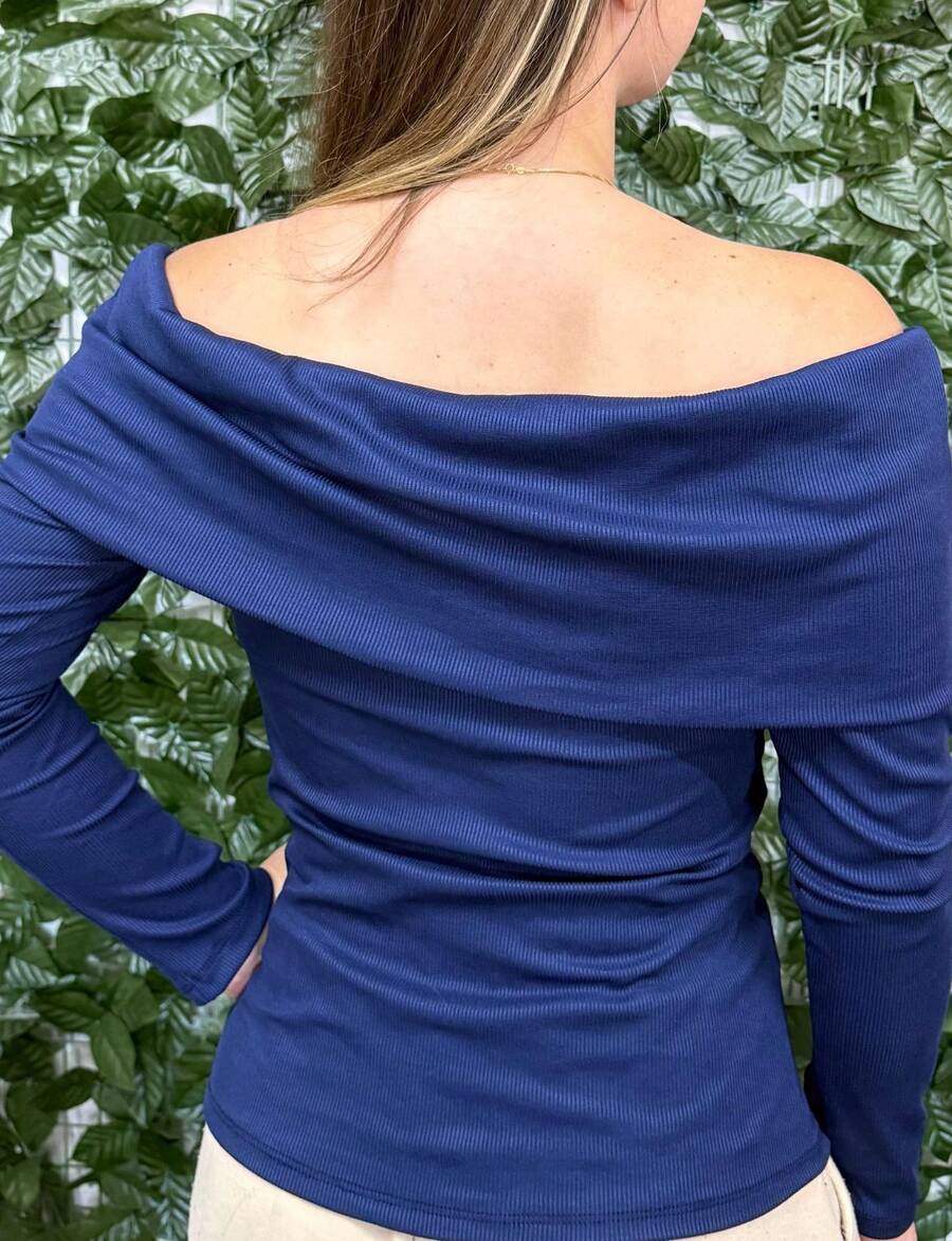 Long Sleeve Blouse With Ribbed Shoulder To Shoulder, Autumn Winter Fashion - Azul Marino - Ver 1