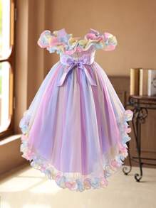 Vestito estivo per bambine, abito da cerimonia per bambine, abito formale da principessa con strascico, abito da damigella d'onore in tulle, tutù per feste
