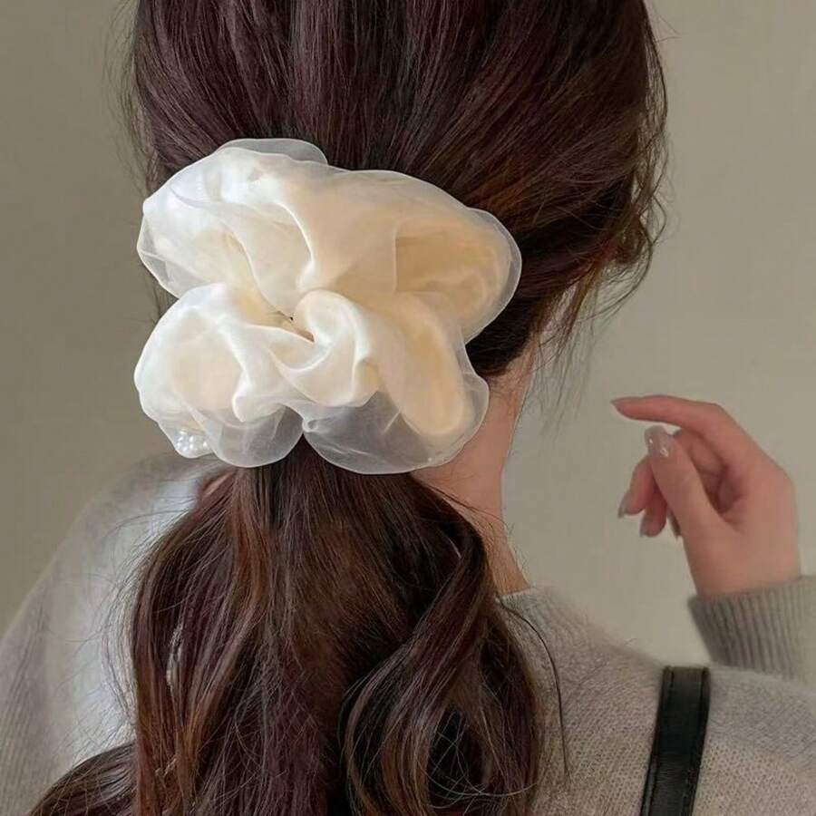 Oversized Faux Pearl Organza Scrunchie Simple Hair Ties 2025 New High-End Decor Floral Hair Accessories For Women, Hair Accessory ,Hair Accessories, Scrunchy Hair Ties, Casual Ponytail Head Accessories Elastic Band - Multicolor - View 1