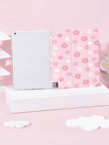 Minimalist Pink Floral Pattern Tablet Protective Case, Compatible With IPad 9.7/10.2/10.5/10.9/12.9/Pro 11 (10th Gen), Galaxy Tab S6 Lite 10.4", Kindle Paperwhite (12th Gen, 2024), Kindle (11th Gen, 2022), Soft Shock-Proof Protection, Smart Stand/Auto Wake/Sleep Function - Multicolor - View 5