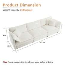 Luxury Modular Sectional Sofa, 111.5" Modern Chenille Comfy Cloud Couches For Living Room Office, 3 Seater Deep Sofa With 2 Armrest Pillows And 3 Toss Pillows,Beige - 米色3人座 - 查看 2