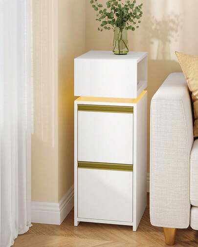 Narrow Bedside Table, Bedside Cabinet With LED Lighting, Small Nightstand With 2 Drawers And 1 Open Space, Side Table, For Bedroom, Living Room, Modern, White