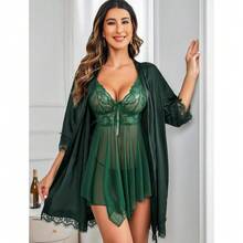 Women Lingerie Lace Babydoll Mesh Nightgown Chemise Boudoir Nighty Sleepwear - 墨綠色 - 查看 4