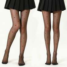 2 Pairs Women's Sexy Red Heart & Black Sheer Stockings/Pantyhose, Breathable Knit Fabric, Casual Wear, Spring/Summer/Autumn
