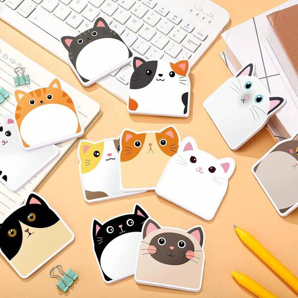 12 livres/séries d'autocollants mignons de chats de bande dessinée multicolores de formes variées avec différents animaux mignons, notes auto-adhésives et étiquettes d'index, idéal pour les étudiants, le bureau et les fournitures scolaires, retour à l'école