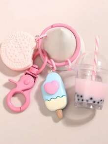 Sweet Pink Ice Cream & Bubble Tea Keychain Set - Cute Biscuit Keyrings For Girls Girl Handbag Purse Jewelry Friendship Gift - White - View 3