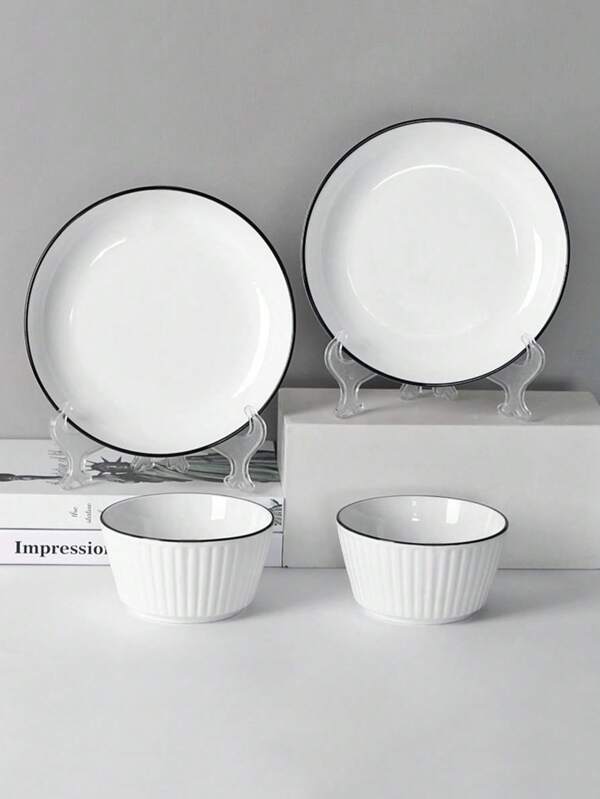 1 Set Ceramic Vertical Stripe New Soup Bowls & Dinner Plates 5.1" & 6.9", Black Rim Bowls, Thick Microwave Safe High-Quality Tableware Set,School Supplies